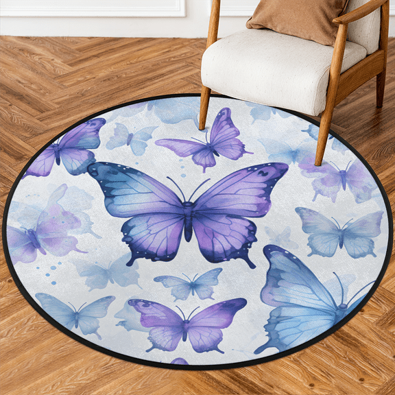CURLYOOT Round Rug 3ft Blue Purple Butterflies Area Rug, Washable Circle Mat Non Slip Floor Carpet Mat, Soft Indoor Rugs for Entryway Living Room Dining Room Bedroom