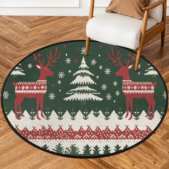 CURLYOOT Round Rug 3ft Boho Christmas Elk Area Rug, Washable Circle Mat Non Slip Floor Carpet Mat, Soft Indoor Rugs for Entryway Living Room Dining Room Bedroom