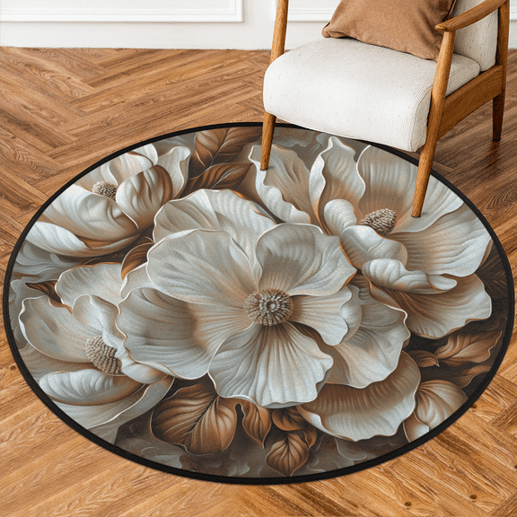 CURLYOOT Round Rug 3ft Brown Magnolia Flowers Elegance Area Rug, Washable Circle Mat Non Slip Floor Carpet Mat, Soft Indoor Rugs for Entryway Living Room Dining Room Bedroom