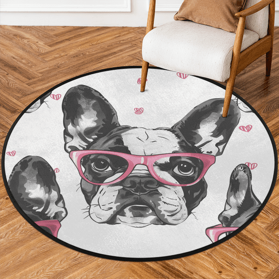 CURLYOOT Round Rug 3ft Bulldogs Printed Area Rug, Washable Circle Mat Non Slip Floor Carpet Mat, Soft Indoor Rugs for Entryway Living Room Dining Room Bedroom
