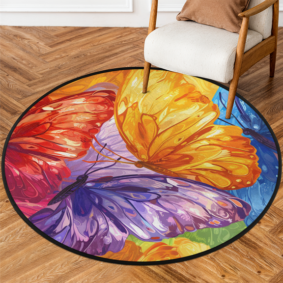 CURLYOOT Round Rug 3ft Butterfly Area Rug, Washable Circle Mat Non Slip Floor Carpet Mat, Watercolor Butterfly Soft Indoor Rugs for Entryway Living Room Dining Room Bedroom