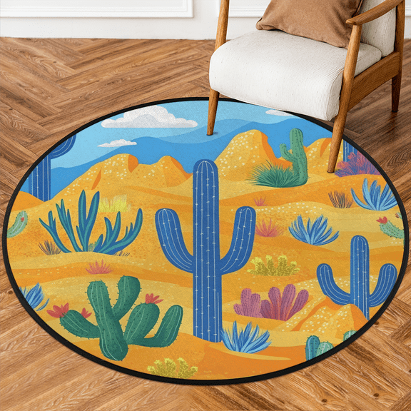 CURLYOOT Round Rug 3ft Cactus Desert Area Rug, Washable Circle Mat Non Slip Floor Carpet Mat, Soft Indoor Rugs for Entryway Living Room Dining Room Bedroom
