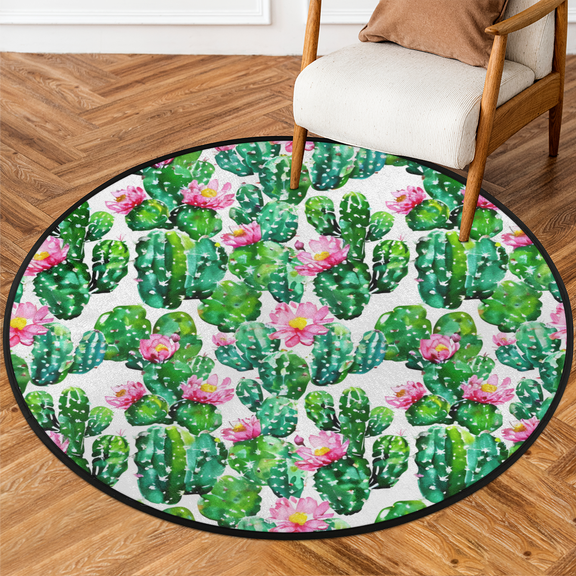 CURLYOOT Round Rug 3ft Cactus Placemats Area Rug, Washable Circle Mat Non Slip Floor Carpet Mat, Watercolor Cactus Soft Indoor Rugs for Entryway Living Room Dining Room Bedroom