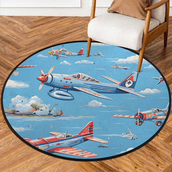 CURLYOOT Round Rug 3ft Cartoon Airplane Area Rug, Washable Circle Mat Non Slip Floor Carpet Mat, Soft Indoor Rugs for Entryway Living Room Dining Room Bedroom