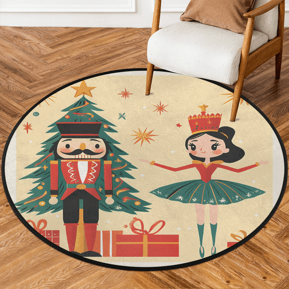 CURLYOOT Round Rug 3ft Cartoon Holiday Nutcrackers Area Rug, Washable Circle Mat Non Slip Floor Carpet Mat, Soft Indoor Rugs for Entryway Living Room Dining Room Bedroom