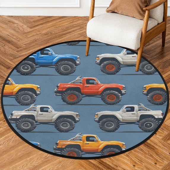 CURLYOOT Round Rug 3ft Cartoon Truck Area Rug, Washable Circle Mat Non Slip Floor Carpet Mat, Soft Indoor Rugs for Entryway Living Room Dining Room Bedroom