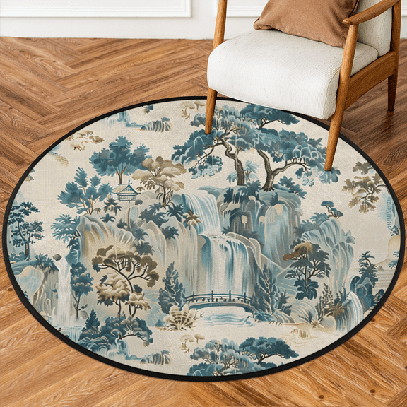 CURLYOOT Round Rug 3ft Chinoiserie Asian Landscape Area Rug, Washable Circle Mat Non Slip Floor Carpet Mat, Soft Indoor Rugs for Entryway Living Room Dining Room Bedroom