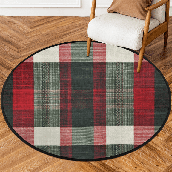 CURLYOOT Round Rug 3ft Christmas Area Rug, Washable Circle Mat Non Slip Floor Carpet Mat, Buffalo Plaid Soft Indoor Rugs for Entryway Living Room Dining Room Bedroom