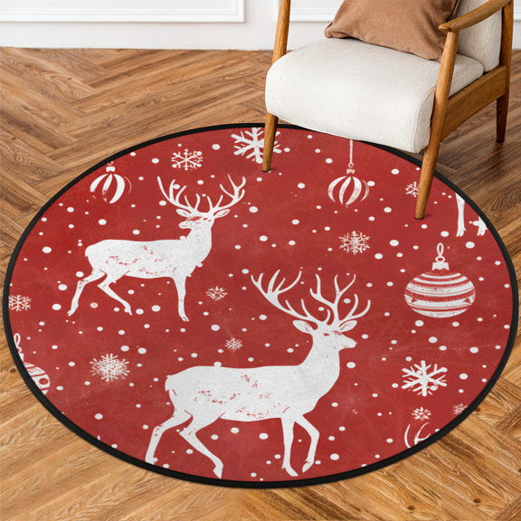 CURLYOOT Round Rug 3ft Christmas Area Rug, Washable Circle Mat Non Slip Floor Carpet Mat, Elk Snowflake Soft Indoor Rugs for Entryway Living Room Dining Room Bedroom