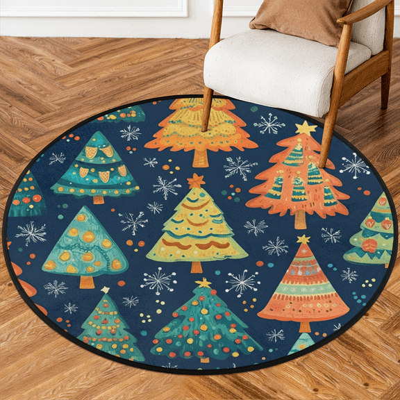 CURLYOOT Round Rug 3ft Christmas Tree Area Rug, Washable Circle Mat Non Slip Floor Carpet Mat, Cute Snowflake Soft Indoor Rugs for Entryway Living Room Dining Room Bedroom