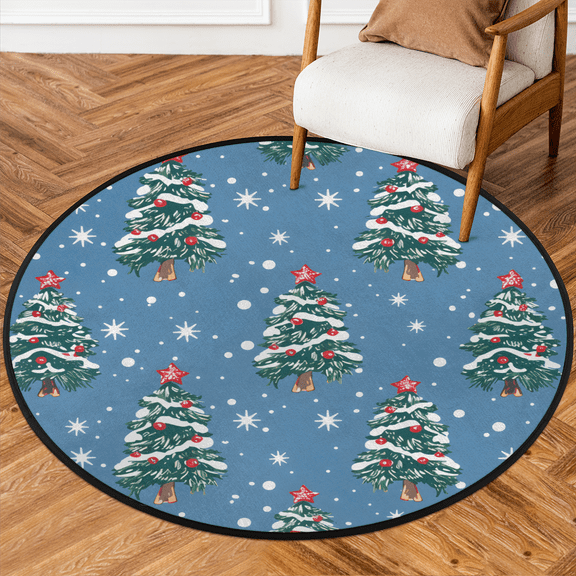 CURLYOOT Round Rug 3ft Christmas Tree Area Rug, Washable Circle Mat Non Slip Floor Carpet Mat, Snowflake Soft Indoor Rugs for Entryway Living Room Dining Room Bedroom