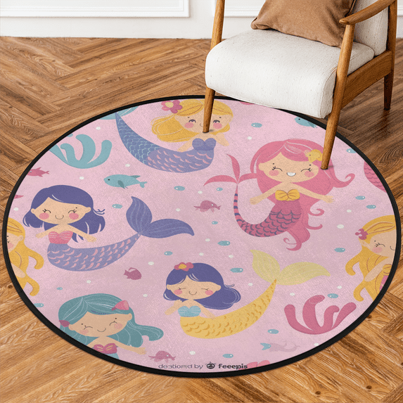 CURLYOOT Round Rug 3ft Coastal Mermaid Area Rug, Washable Circle Mat Non Slip Floor Carpet Mat, Soft Indoor Rugs for Entryway Living Room Dining Room Bedroom