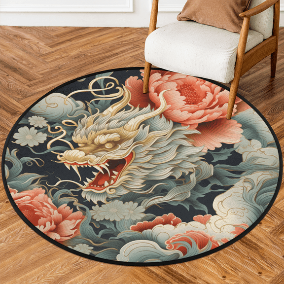 CURLYOOT Round Rug 3ft Colorful Floral Dragon Area Rug, Washable Circle Mat Non Slip Floor Carpet Mat, Soft Indoor Rugs for Entryway Living Room Dining Room Bedroom