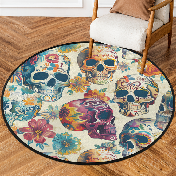 CURLYOOT Round Rug 3ft Colorful Skull Area Rug, Washable Circle Mat Non ...