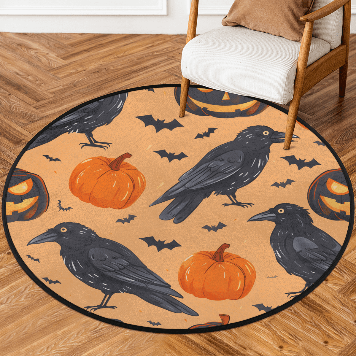 CURLYOOT Round Rug 3ft Crow Pumpkin Area Rug, Washable Circle Mat Non ...