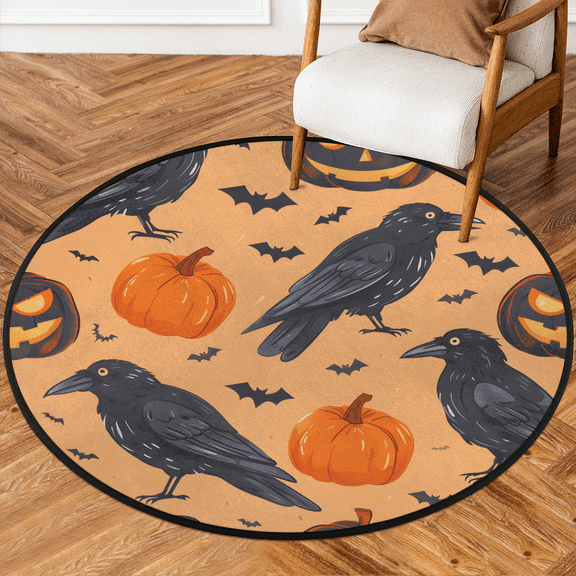 CURLYOOT Round Rug 3ft Crow Pumpkin Area Rug, Washable Circle Mat Non Slip Floor Carpet Mat, Halloween Soft Indoor Rugs for Entryway Living Room Dining Room Bedroom