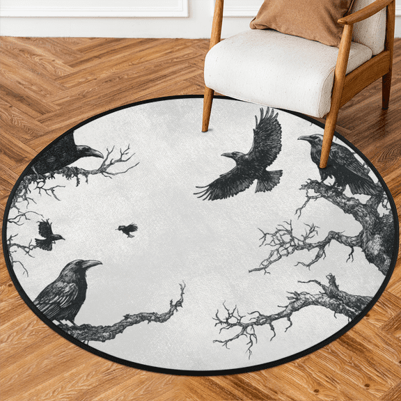 CURLYOOT Round Rug 3ft Crows in a tree Area Rug, Washable Circle Mat Non Slip Floor Carpet Mat, Soft Indoor Rugs for Entryway Living Room Dining Room Bedroom