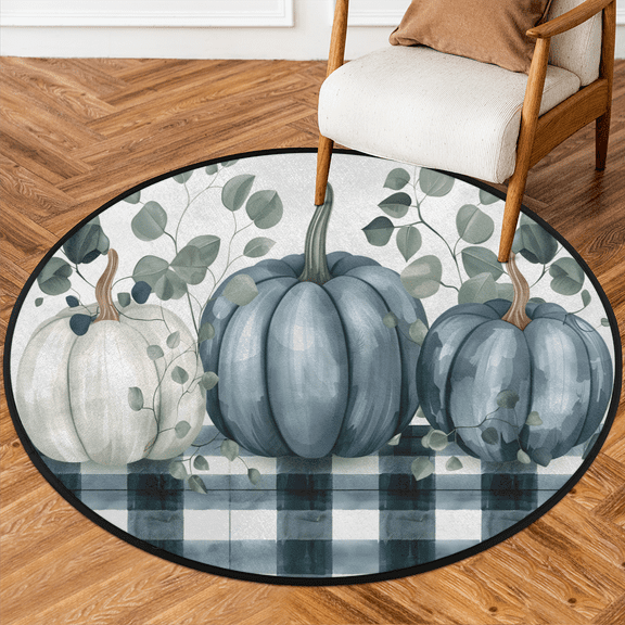 CURLYOOT Round Rug 3ft Cute Buffalo Plaid Pumpkin Eucalyptus Leaves Area Rug, Washable Circle Mat Non Slip Floor Carpet Mat, Soft Indoor Rugs for Entryway Living Room Dining Room Bedroom