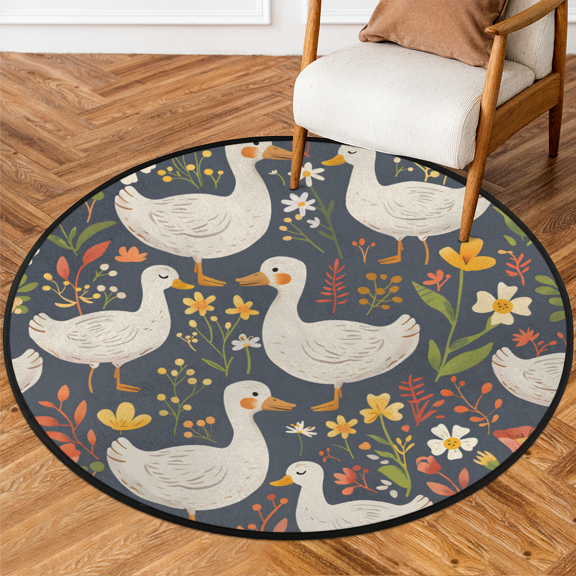 CURLYOOT Round Rug 3ft Cute Ducks Floral Area Rug, Washable Circle Mat Non Slip Floor Carpet Mat, Soft Indoor Rugs for Entryway Living Room Dining Room Bedroom