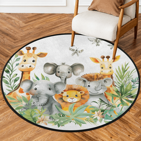CURLYOOT Round Rug 3ft Cute Elephant Giraffe Lion Area Rug, Washable Circle Mat Non Slip Floor Carpet Mat, Soft Indoor Rugs for Entryway Living Room Dining Room Bedroom