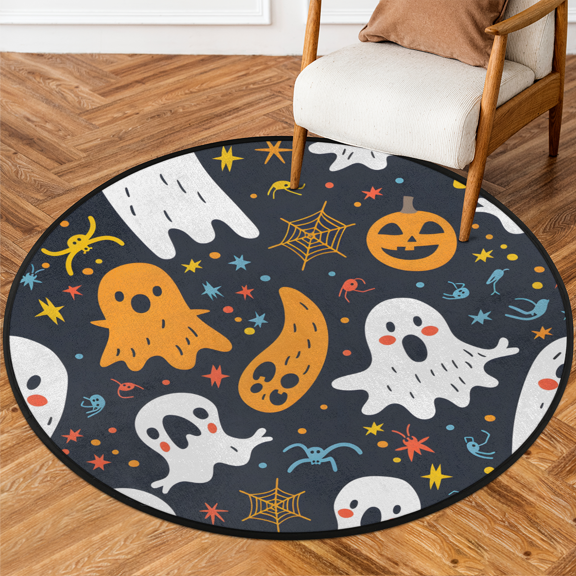 CURLYOOT Round Rug 3ft Cute Ghost Area Rug, Washable Circle Mat Non Slip Floor Carpet Mat, Spooky Halloween Soft Indoor Rugs for Entryway Living Room Dining Room Bedroom