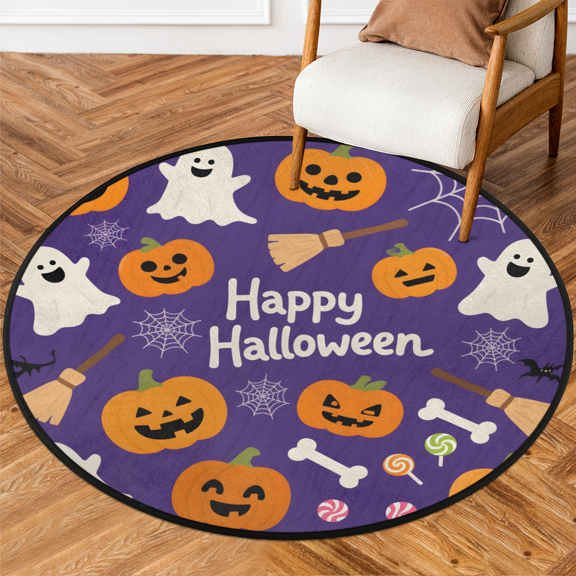 CURLYOOT Round Rug 3ft Cute Ghost Pumpkin Area Rug, Washable Circle Mat Non Slip Floor Carpet Mat, Purple Soft Indoor Rugs for Entryway Living Room Dining Room Bedroom