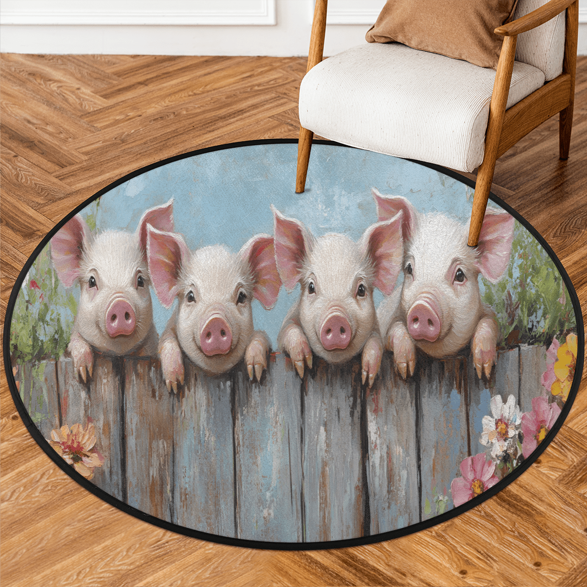 CURLYOOT Round Rug 3ft Cute Pig Farmhouse Area Rug, Washable Circle Mat ...
