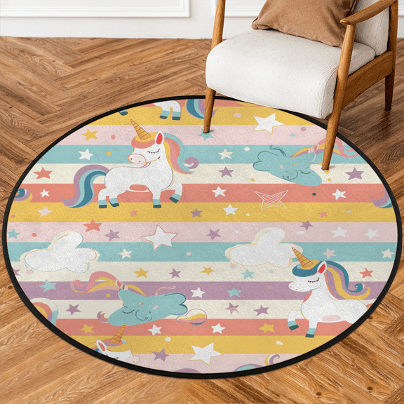 CURLYOOT Round Rug 3ft Cute Unicorn Area Rug, Washable Circle Mat Non Slip Floor Carpet Mat, Rainbow Stripes Soft Indoor Rugs for Entryway Living Room Dining Room Bedroom