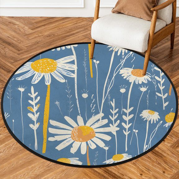 CURLYOOT Round Rug 3ft Daisy Floral Area Rug, Washable Circle Mat Non Slip Floor Carpet Mat, Colorful Flower Soft Indoor Rugs for Entryway Living Room Dining Room Bedroom