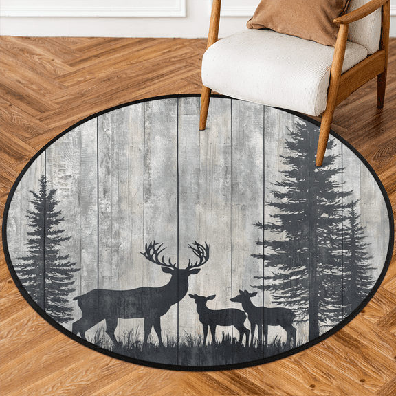 CURLYOOT Round Rug 3ft Deers Moose Forest Retro Area Rug, Washable Circle Mat Non Slip Floor Carpet Mat, Soft Indoor Rugs for Entryway Living Room Dining Room Bedroom