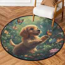 CURLYOOT Round Rug 3ft Dog Animal Cute with Flower Area Rug, Washable Circle Mat Non Slip Floor Carpet Mat, Soft Indoor Rugs for Entryway Living Room Dining Room Bedroom
