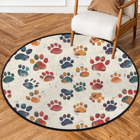 CURLYOOT Round Rug 3ft Dog Paw Print Pet Area Rug, Washable Circle Mat Non Slip Floor Carpet Mat, Puppy Cat Footprint Soft Indoor Rugs for Entryway Living Room Dining Room Bedroom