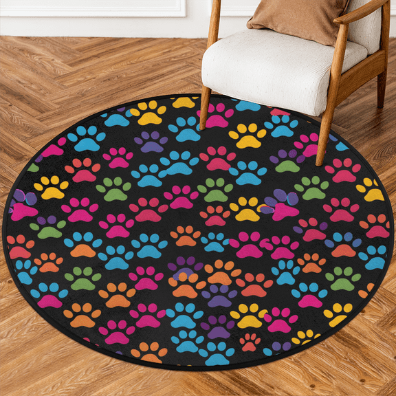 CURLYOOT Round Rug 3ft Dog Paws Area Rug, Washable Circle Mat Non Slip Floor Carpet Mat, Colorful Puppy Paws Soft Indoor Rugs for Entryway Living Room Dining Room Bedroom