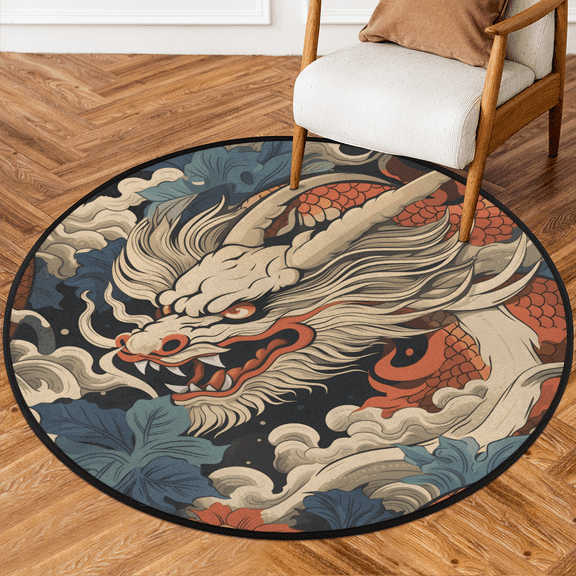 CURLYOOT Round Rug 3ft Dragon Chinese Asian Area Rug, Washable Circle Mat Non Slip Floor Carpet Mat, Soft Indoor Rugs for Entryway Living Room Dining Room Bedroom