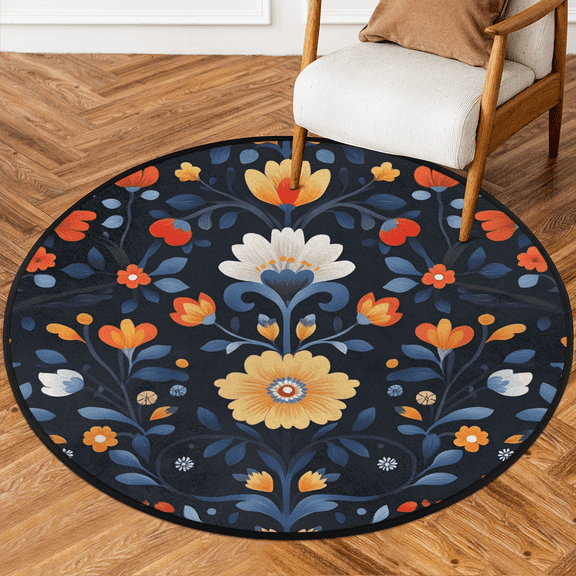 CURLYOOT Round Rug 3ft Ethnic Floral Area Rug, Washable Circle Mat Non Slip Floor Carpet Mat, Soft Indoor Rugs for Entryway Living Room Dining Room Bedroom