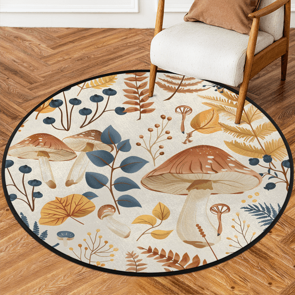 CURLYOOT Round Rug 3ft Fall Mushroom Area Rug, Washable Circle Mat Non Slip Floor Carpet Mat, Soft Indoor Rugs for Entryway Living Room Dining Room Bedroom