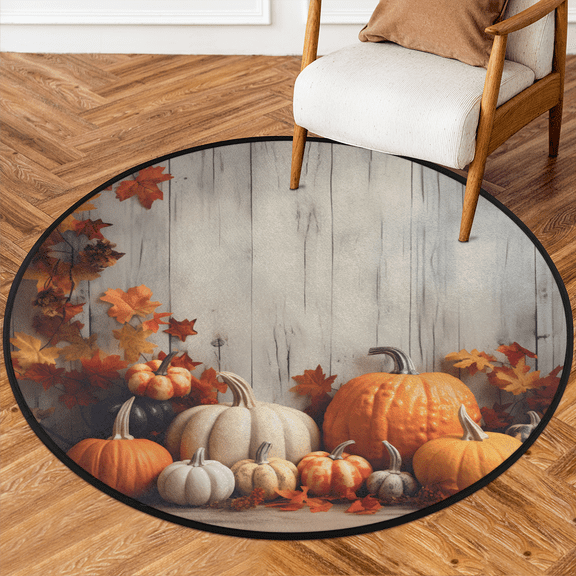 CURLYOOT Round Rug 3ft Fall Pumpkin Area Rug, Washable Circle Mat Non Slip Floor Carpet Mat, Wooden Rustic Soft Indoor Rugs for Entryway Living Room Dining Room Bedroom