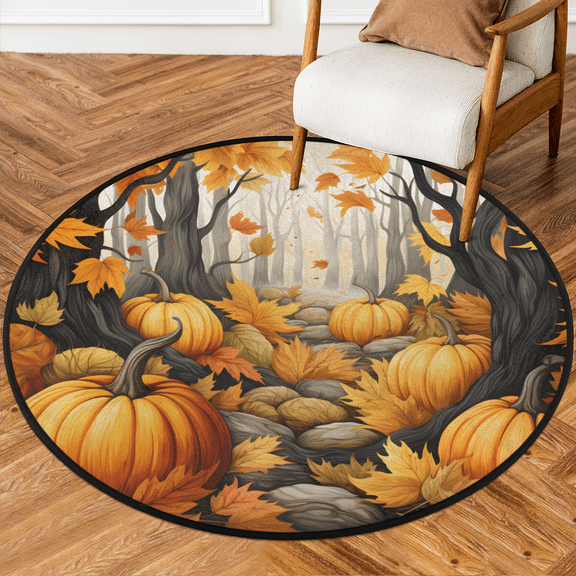 CURLYOOT Round Rug 3ft Fall Pumpkins Area Rug, Washable Circle Mat Non Slip Floor Carpet Mat, Forest Soft Indoor Rugs for Entryway Living Room Dining Room Bedroom