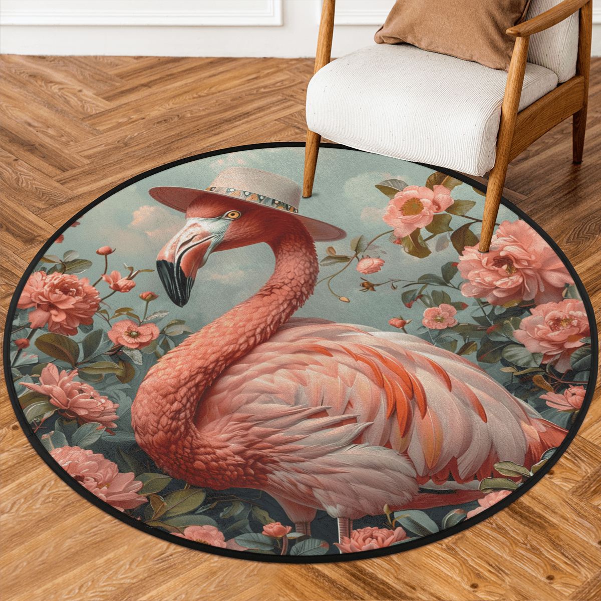CURLYOOT Round Rug 3ft Flamingo Jungle Area Rug, Washable Circle Mat ...