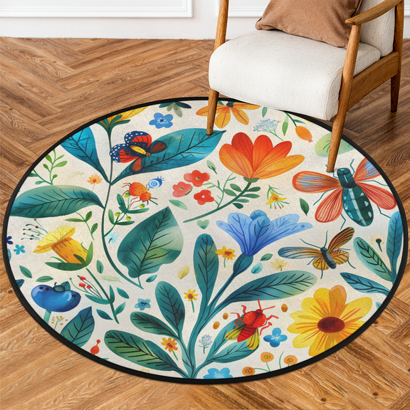 CURLYOOT Round Rug 3ft Floral Area Rug, Washable Circle Mat Non Slip Floor Carpet Mat, Spring Summer Soft Indoor Rugs for Entryway Living Room Dining Room Bedroom