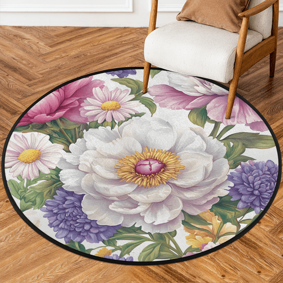 CURLYOOT Round Rug 3ft Floral Area Rug, Washable Circle Mat Non Slip Floor Carpet Mat, Vintage Flower Soft Indoor Rugs for Entryway Living Room Dining Room Bedroom