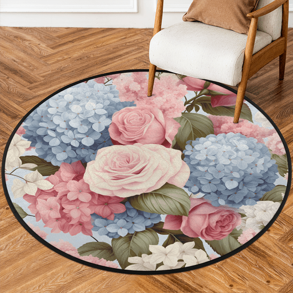 CURLYOOT Round Rug 3ft Floral Blue Pinks Hydrangea Area Rug, Washable Circle Mat Non Slip Floor Carpet Mat, Soft Indoor Rugs for Entryway Living Room Dining Room Bedroom