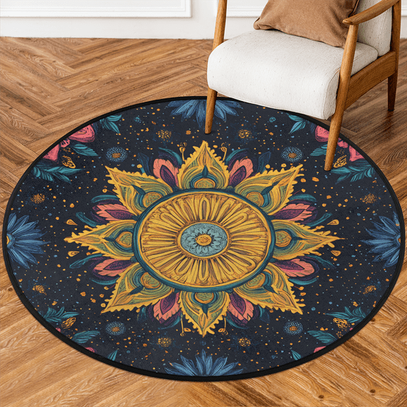 CURLYOOT Round Rug 3ft Flower Area Rug, Washable Circle Mat Non Slip Floor Carpet Mat, Abstract Ethnic Soft Indoor Rugs for Entryway Living Room Dining Room Bedroom