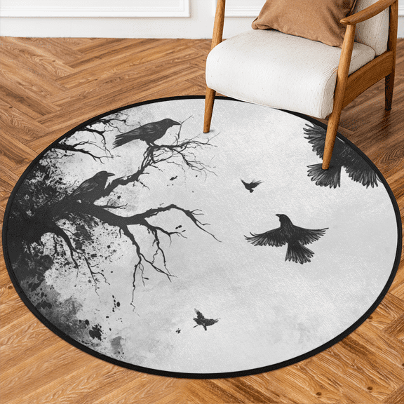 CURLYOOT Round Rug 3ft Flying Crows Area Rug, Washable Circle Mat Non Slip Floor Carpet Mat, Soft Indoor Rugs for Entryway Living Room Dining Room Bedroom
