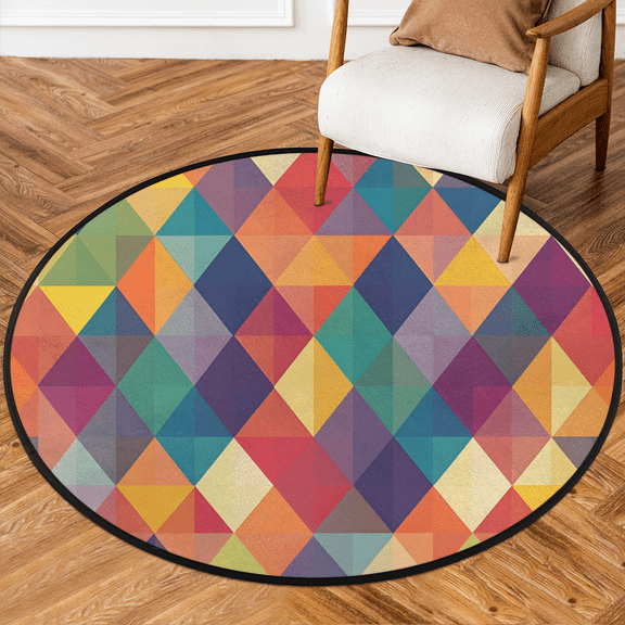 CURLYOOT Round Rug 3ft Geometric Area Rug, Washable Circle Mat Non Slip Floor Carpet Mat, Colorful Rhombus Soft Indoor Rugs for Entryway Living Room Dining Room Bedroom