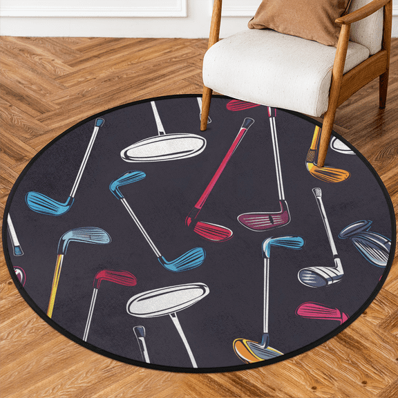 CURLYOOT Round Rug 3ft Golf Clubs Area Rug, Washable Circle Mat Non Slip Floor Carpet Mat, Soft Indoor Rugs for Entryway Living Room Dining Room Bedroom