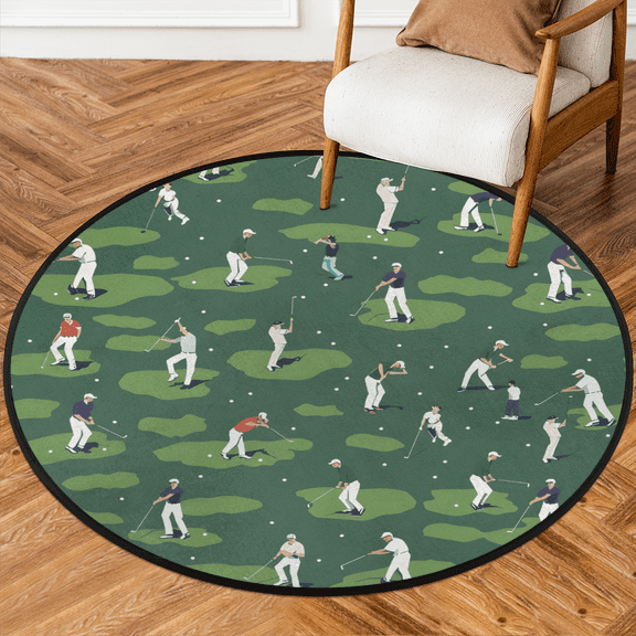 CURLYOOT Round Rug 3ft Golf Players Area Rug, Washable Circle Mat Non Slip Floor Carpet Mat, Cartoon Sport Golf Soft Indoor Rugs for Entryway Living Room Dining Room Bedroom
