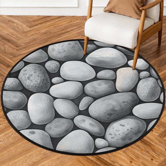 CURLYOOT Round Rug 3ft Gray Stone Area Rug, Washable Circle Mat Non Slip Floor Carpet Mat, Abstract Soft Indoor Rugs for Entryway Living Room Dining Room Bedroom