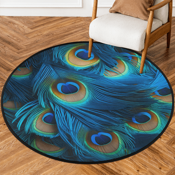 CURLYOOT Round Rug 3ft Green Blue Peacock Feather Area Rug, Washable Circle Mat Non Slip Floor Carpet Mat, Soft Indoor Rugs for Entryway Living Room Dining Room Bedroom