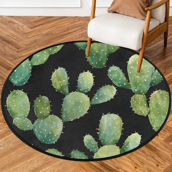 CURLYOOT Round Rug 3ft Green Cactus Area Rug, Washable Circle Mat Non Slip Floor Carpet Mat, Black Soft Indoor Rugs for Entryway Living Room Dining Room Bedroom